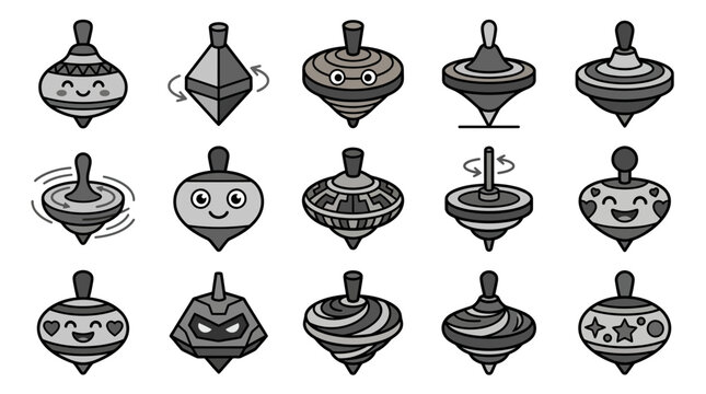 Creative spinning top toy icons set.
