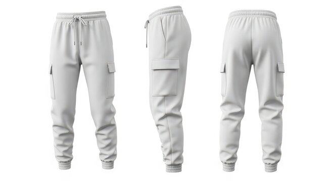 Three views of light gray cargo sweatpants with drawstring waist and side pockets on white