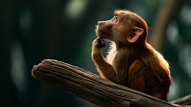 A thoughtful monkey sitting on a tree branch in the forest, looking up with a curious and contemplative expression