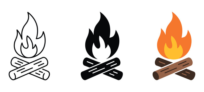 Campfire icon fireplace symbol bonfire glowing campfire sign outdoor fire, pit illustration showing wooden logs flames night scene nature adventure vector, design