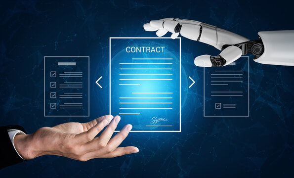 This image depicts a human hand reaching towards a digital contract held by a robotic hand, illustrating the integration of technology and human collaboration in legal agreements. Cyphers