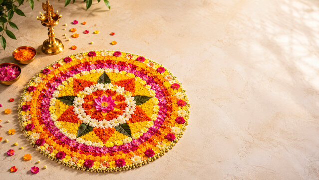 Beautifully Crafted Floral Pookalam with Brass Lamp in Natural Warm Daylight