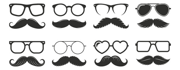 Mustache icons featuring eyeglasses, sunglasses, beards, and stylized facial hair, clean vector illustration for photo booth props, retro themes, parties, and costume designs. © AYAT