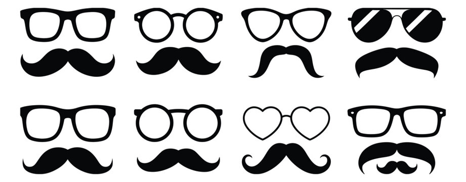 Mustache icons featuring eyeglasses, sunglasses, beards, and stylized facial hair, clean vector illustration for photo booth props, retro themes, parties, and costume designs.