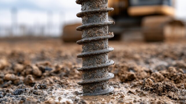 Close-up of a large drill auger bit digging into muddy ground at a construction site, with heavy machinery blurred in the background.