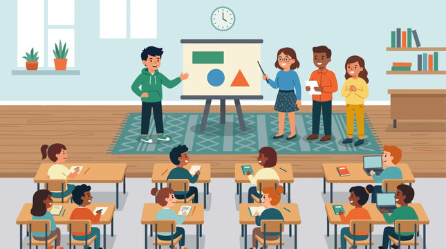 A teacher presenting to students in classroom.