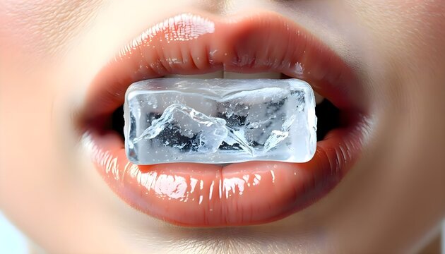 Macro close up view of beautiful woman mouth biting frozen transparent pure crystal block of ice cube, cold winter sensation