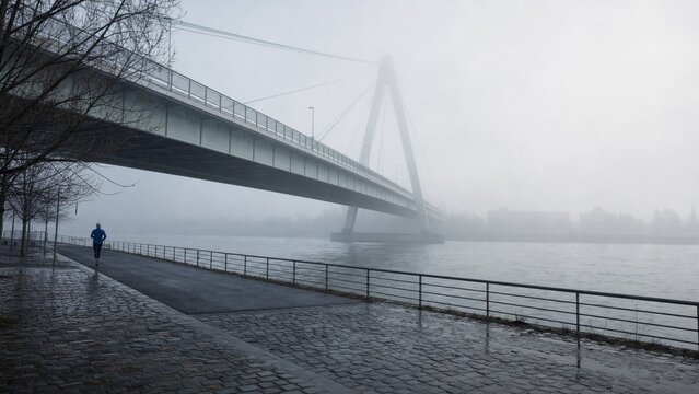 Foggy cable stayed bridge over river with lone runner on urban