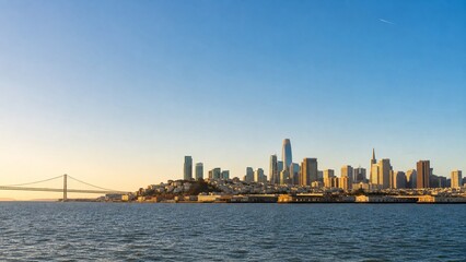 Fototapeta premium San Francisco skyline and bay at golden hour with clear blue sky and