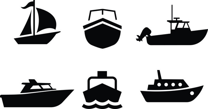Collection of six different boat types in silhouette