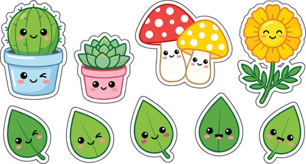 Fototapeta premium Cute Kawaii Nature Sticker Pack Vector Set with Smiling Cactus Succulent Flower Colorful Mushrooms and Happy Green Leaf Characters