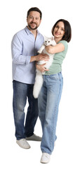 Fototapeta premium Couple with their cute cat on white background