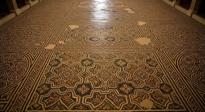 Intricate Vintage Carpet with Ornate Patterns and Rich Colors in Historic Interior.