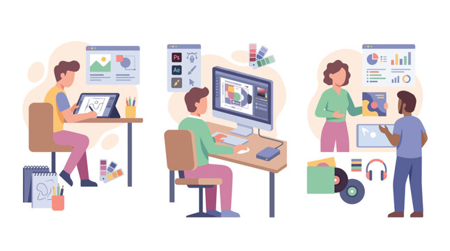 Graphic design workflow: illustration, digital art creation, and presentation