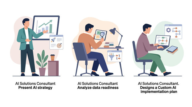 AI consultant showing strategy, analyzing data, and designing implementation plan