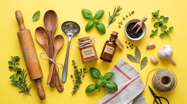 Wooden cooking utensils with herbs and spices on yellow background