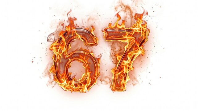 Fiery number 67 engulfed in realistic flames on white background