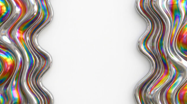Abstract 3D iridescent liquid mercury waves left and right borders background with copy space