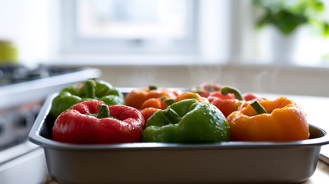 Fresh, Vibrant Bell Peppers Ready for Stuffing in a Baking Pan with Gentle Steam Rising in a Bright Kitchen Environment