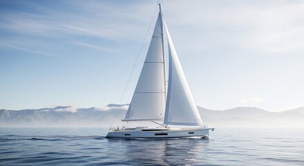 Fototapeta premium A white sailboat moving through a light morning fog on the sea with soft mountains in the background