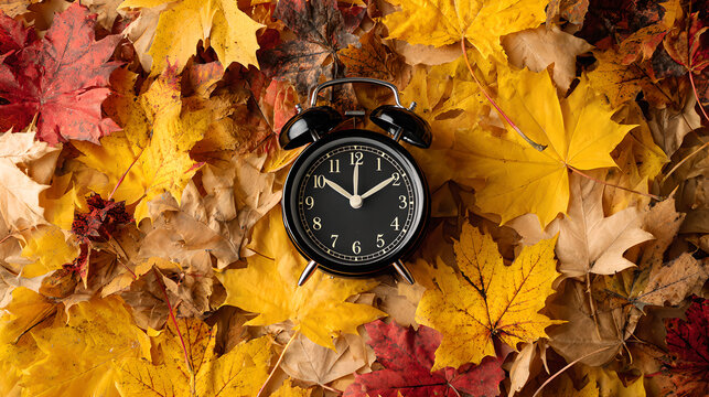 Black alarm clock on a bed of colorful autumn maple leaves, daylight saving time concept