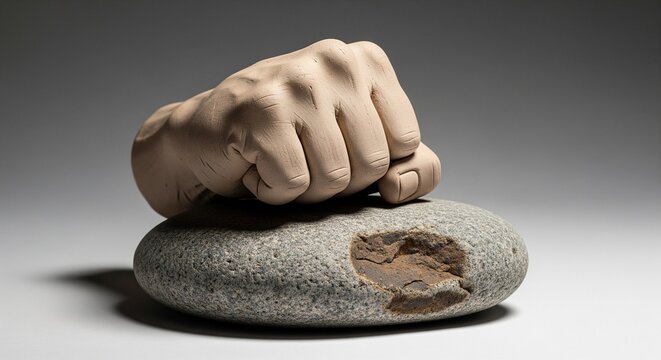 A strong human fist punching down and cracking a grey stone, showing power and breaking limits on a grey background