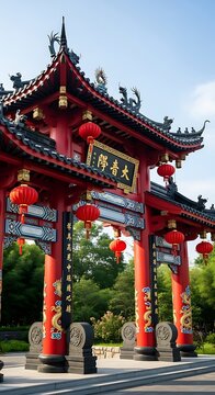 Traditional Chinese Entrance Gate with Red Lanterns and Decorative Roofs.