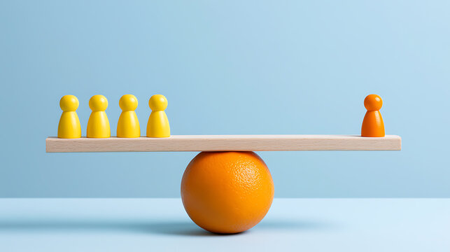 Wooden seesaw balanced on a fruit with a group of yellow individual figures and one orange individual figure on opposite sides symbolizing inequality