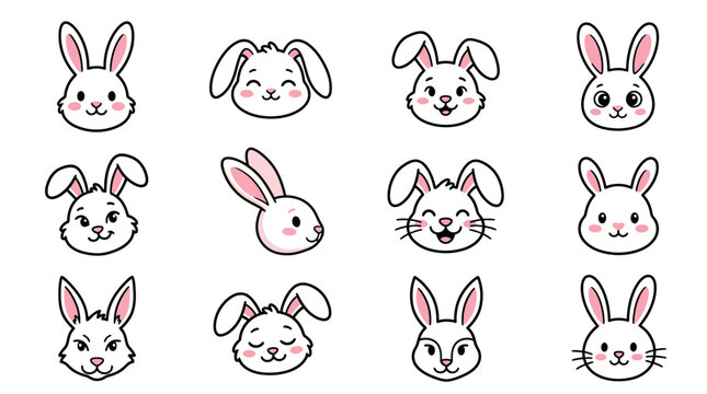 Cute purple line art rabbit face character icons.