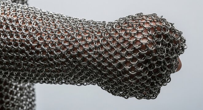 A side view of a human hand and arm wearing a protective metal mesh chainmail glove, showing the texture of interlocking steel rings.