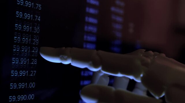 Cinematic close-up of a humanoid robot hand analyzing financial data and charts on a monitor. Dark moody office, low depth of field. Great for business analytics and AI financial security themes.