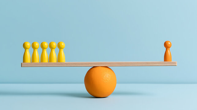 Minimalist Balance Concept: Yellow Pawns on a Plank Counterweight an Orange Pawn, Demonstrating Unequal Distribution and Strategic Advantage