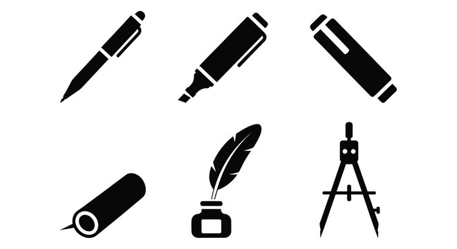 Writing Instruments And Tools Black Silhouette Collection On White Background