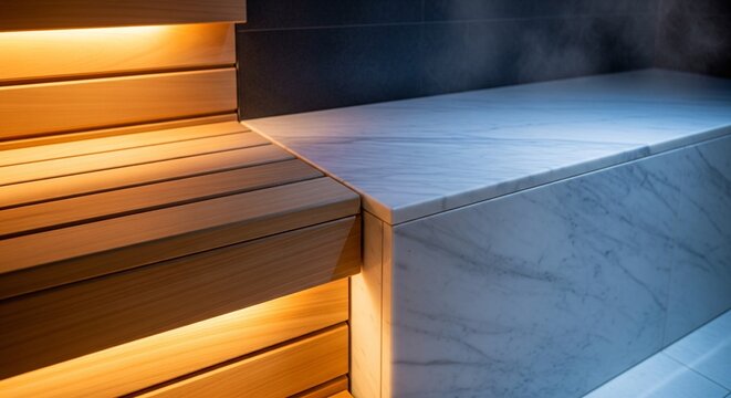 Modern contrast interior showing the edge of a light wood sauna bench with built-in light meeting a dark grey marble steam block with light steam