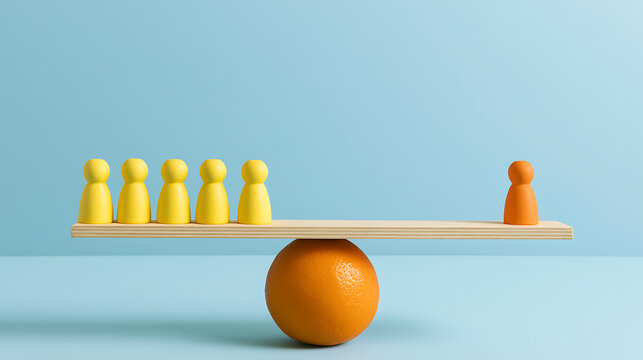 Uneven balance of five yellow game pieces versus one orange game piece on a wooden plank, supported by a round orange fruit, against a light blue background. Shows imbalance and comparison