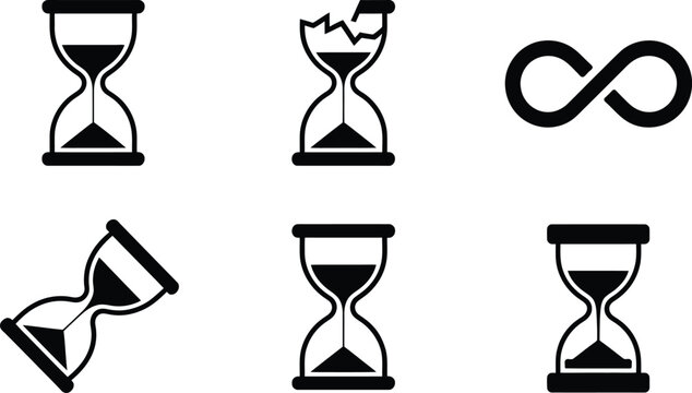 Diverse hourglass icons set including infinity symbol and broken timer representing time concepts with hourglass infinity deadline measurement silhouette graphics business duration tracking