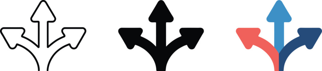 Directional arrows icon, three way traffic choice symbol, alternate route navigation, road direction sign, wayfinding, GPS interface, transportation guidance. © Miah