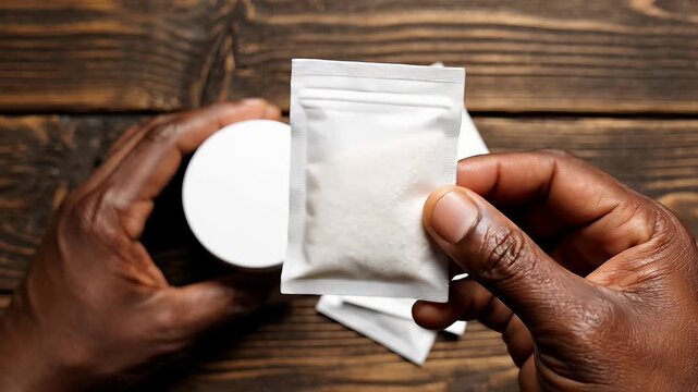 Black hands holding skincare jar and sachets on wood.