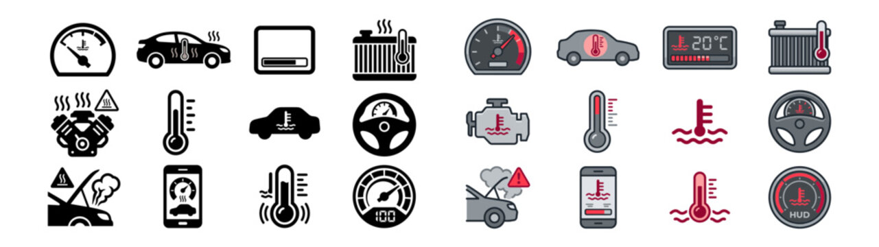 Set of car thermometer and engine temperature icons featuring dashboard gauge overheated vehicle radiator smartphone app and warning signs