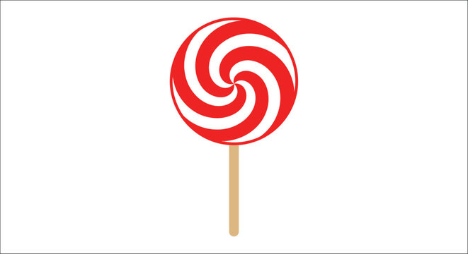 Red and white spiral lollipop with a wooden stick on a white background hard candy sweet treat swirl confectionery