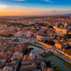 Obraz premium Aerial View of a Historic European City at Sunset.