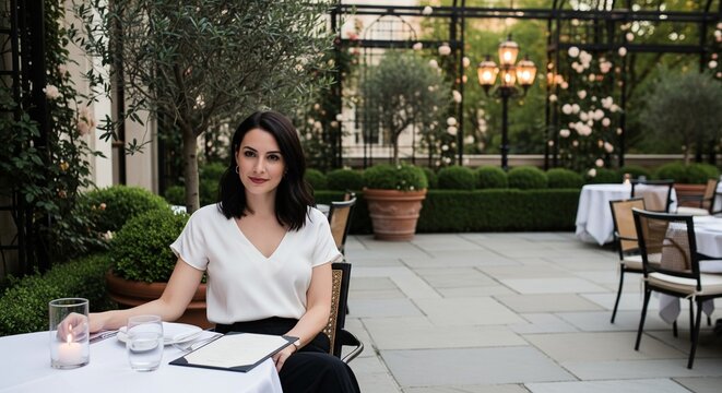 A beautiful dark-haired woman in a white blouse sitting at a restaurant table on a luxurious outdoor garden patio. The scene is decorated with green plants, olive trees