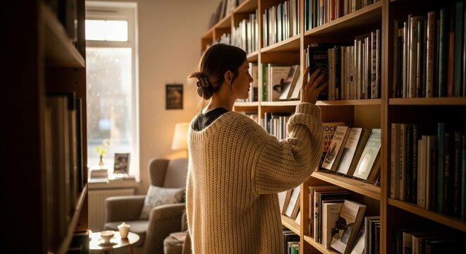 A woman with her hair in a bun, wearing a warm cream-colored knitted sweater, standing in a cozy library or home study room