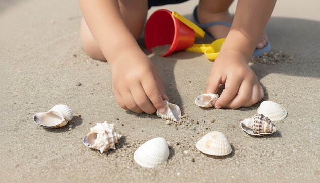Child&rsquo;s hands carefully picking up seashells on soft beach sand, surrounded by scattered shells of various shapes
