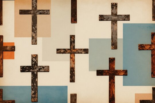 Wooden crosses form pattern on aged paper texture. Grunge background shows religious theme. Abstract design conveys faith spirituality belief. Suitable for church projects bible study materials.