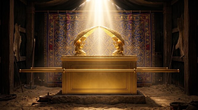 Biblical Ark of the Covenant with golden cherubim inside the Holy of Holies in the Tabernacle tent