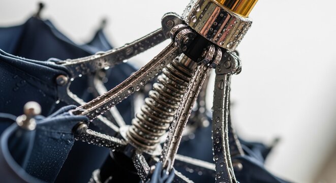 Detailed view of a wet umbrella's metal spring and hinge mechanism covered in shiny water droplets