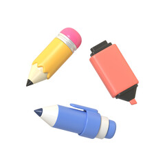 Vibrant 3D stationery float featuring a yellow pencil pink marker and blue pen ideal for creative projects.back to school and education.3d render © Oleksandr