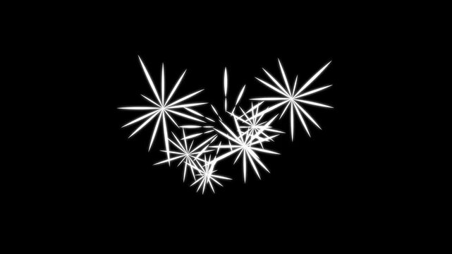 Fireworks burst animation, cartoon spark explosion, white line circle effect, 2d firework motion graphic, glowing vector blast, transparent background, alpha channel, 4k loop