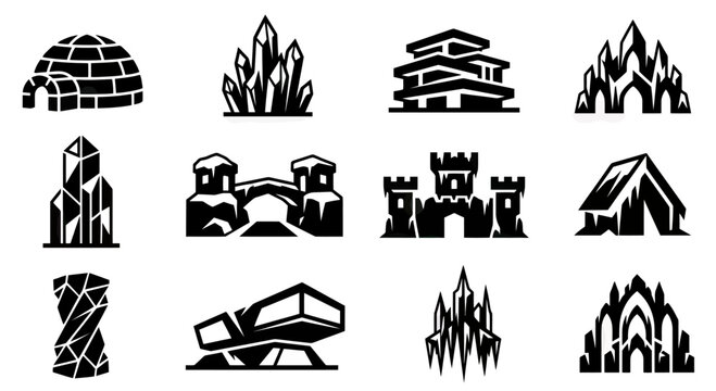 Collection of stylized architectural and natural structures icons